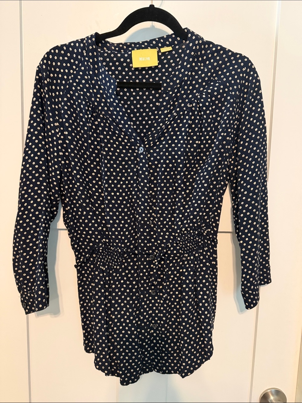 Maeve Navy and White Polka Dot Tie-Waist Shirt Blouse